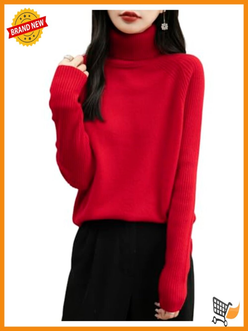 100% Merino Wool Turtleneck Raglan Long Sleeve Knit Sweater Pullover